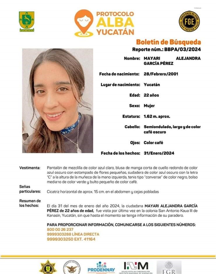 Buscan a joven extraviada Mayari Alejandra García Pérez fue vista por última vez el miércoles 31 de enero de 2024 en la colonia San Antonio Kaua III