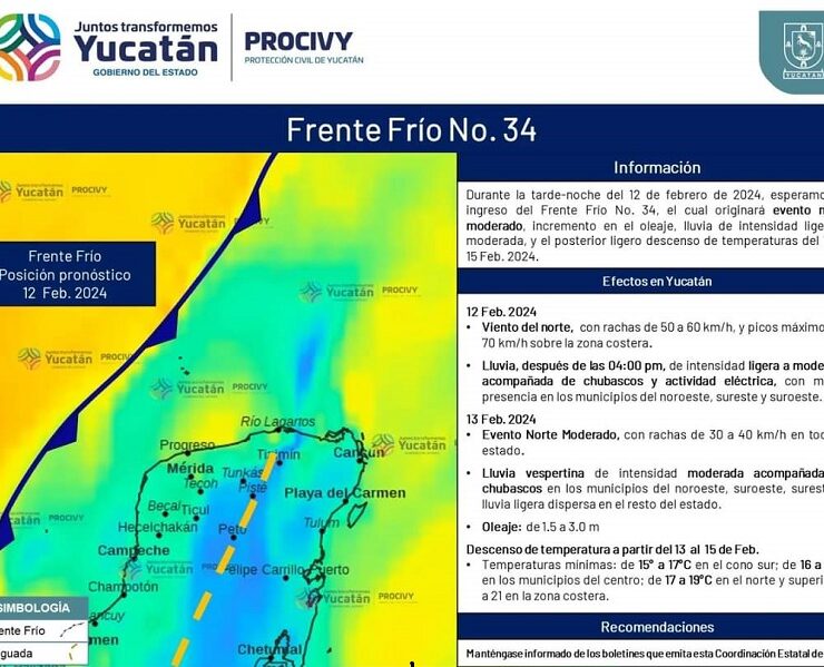 El sistema de monitoreo de la Coordinación Estatal de Protección Civil indicó que el frente frío 34 entrará la tarde-noche del lunes