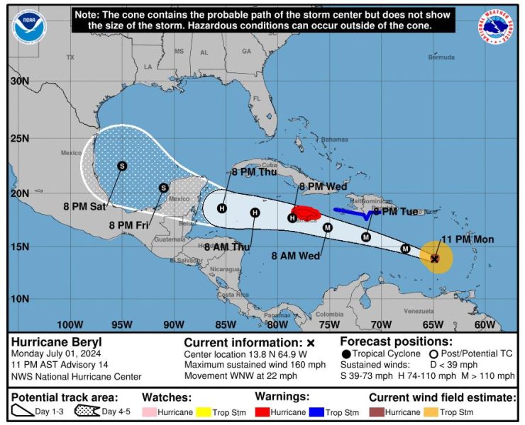 Se espera que el huracán Beryl, traiga vientos peligrosos , y marejada ciclónica por lo que esta tarde se emitió alerta máxima en Jamaica.