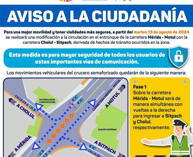Modificaciones a la movilidad vial en el entronque Mérida-Motul a partir del 13 de agosto