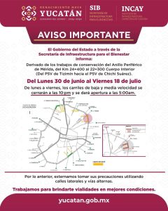 Cerrados los carriles de baja y media velocidad por los nuevos trabajos nocturnos en el Periférico de Mérida; se recomienda usar rutas alternas.