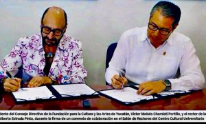 Autoridades de la UADY firmando convenios con la fundación de Chamlati, poniendo en riesgo el prestigio académico ante su historial de estafas.