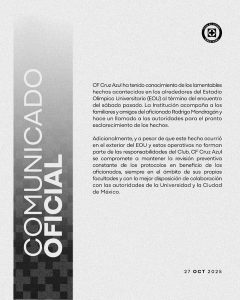Cruz Azul lamentó públicamente la tragedia y envió condolencias a la familia del aficionado fallecido, reafirmando su rechazo a cualquier tipo de violencia en la Liga Mx.
