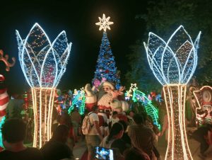 El imponente pino iluminado se convierte en el punto favorito para fotografías dentro de la Villa Navideña en el Gran Parque de La Plancha.