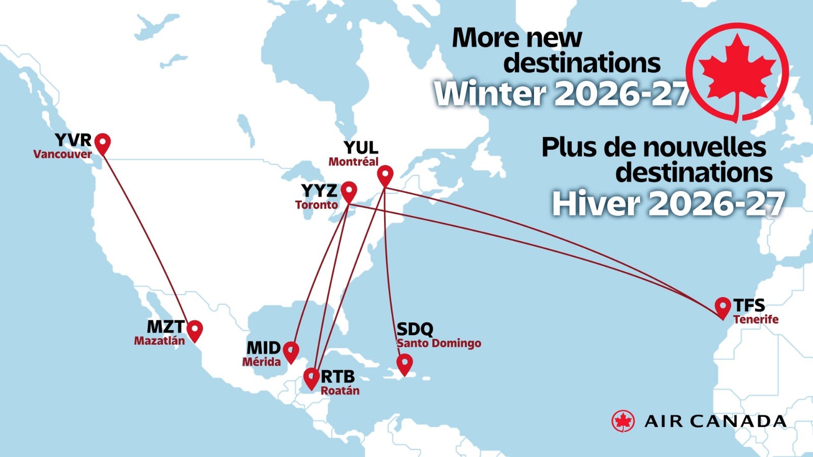 Air Canada lanza nuevos destinos para invierno Roatán, Santo Domingo, Mérida y Mazatlán