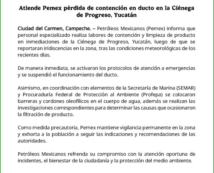 Atiende Pemex pérdida de contención en ducto en la Ciénega de Progreso, Yucatán