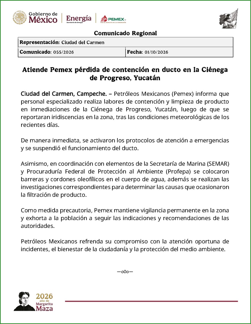 Atiende Pemex pérdida de contención en ducto en la Ciénega de Progreso, Yucatán